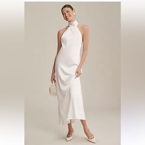 BHLDN halter neck satin dress with slit white size M
